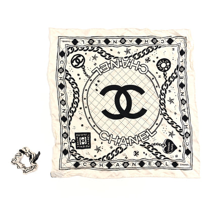 Chanel Silk Twill Square Scarf Hair Tie White Black 1 of 3