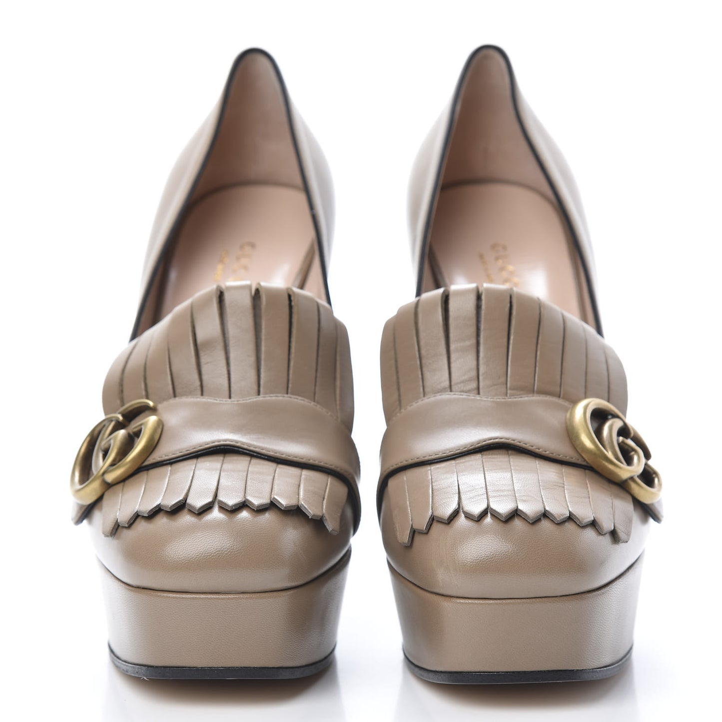 Malaga Kid GG Marmont Fringe Platform High Heel Loafer Pumps 38.5 Taupe