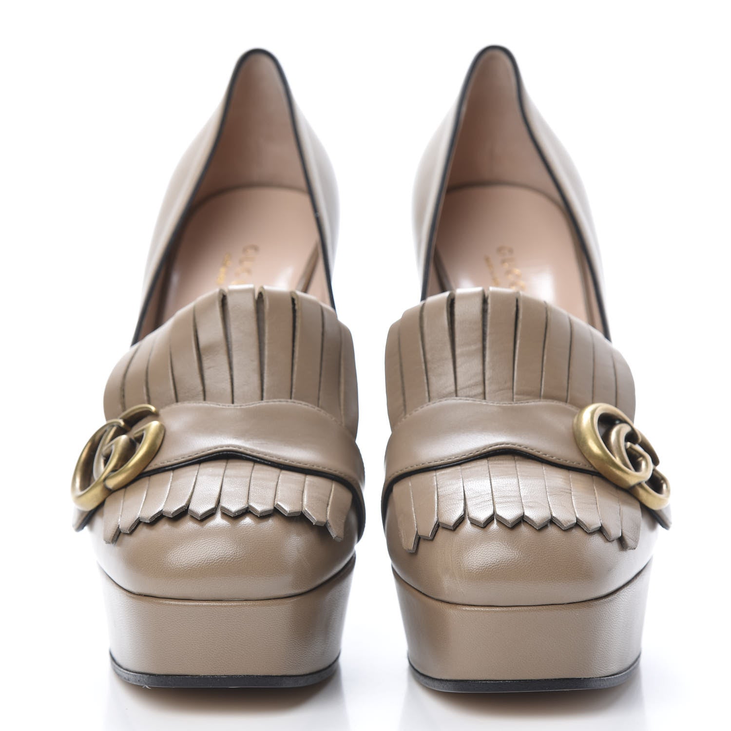 Gucci Malaga Kid GG Marmont Fringe Platform High Heel Loafer Pumps 38.5 Taupe 2 of 11