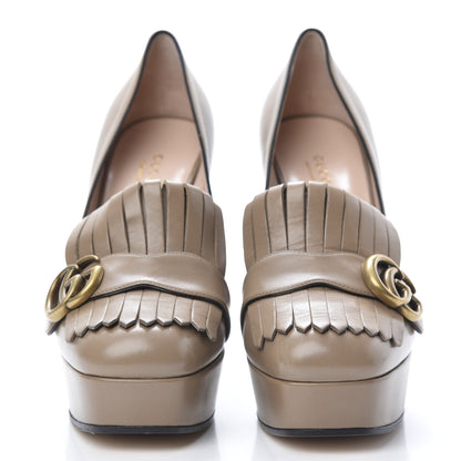 Gucci Malaga Kid GG Marmont Fringe Platform High Heel Loafer Pumps 38.5 Taupe 2 of 11