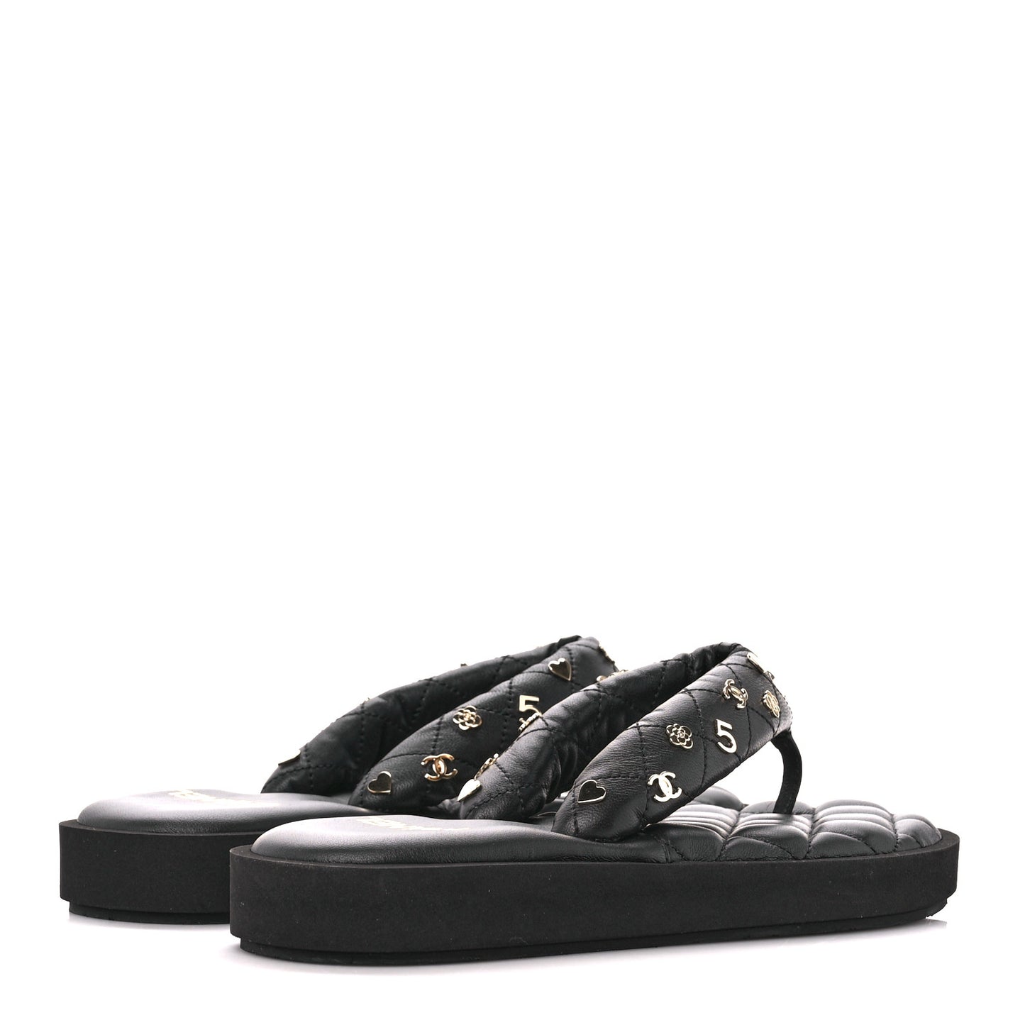 Lambskin Quilted Padded Charms Thong Sandals 37.5 Black