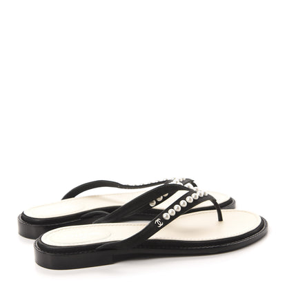 Chanel Suede Pearl Thong Sandals 39.5 Black 4 of 10