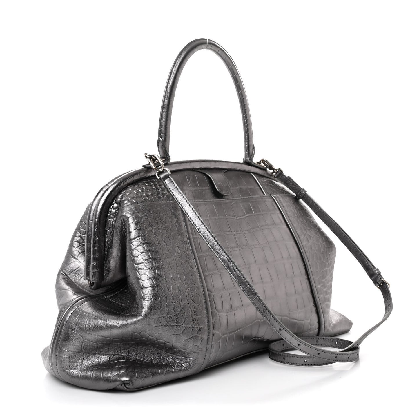 Extra Supple Calfskin Crocodile Embossed Large Editor Bag Silver