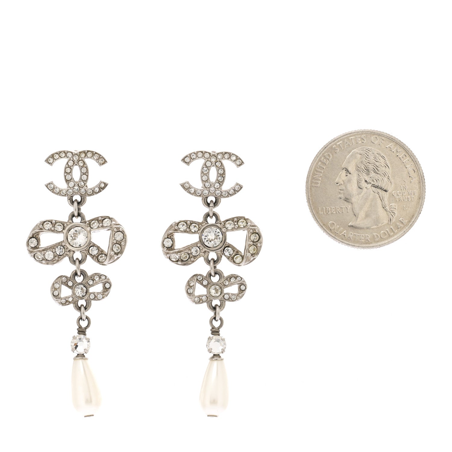 Chanel Crystal Pearl CC Bow Drop Earrings Gold 2 of 5