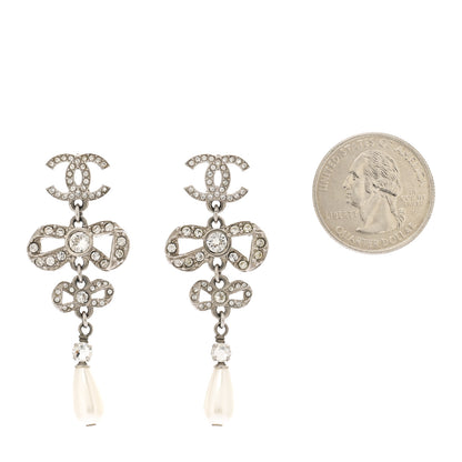 Chanel Crystal Pearl CC Bow Drop Earrings Gold 2 of 5