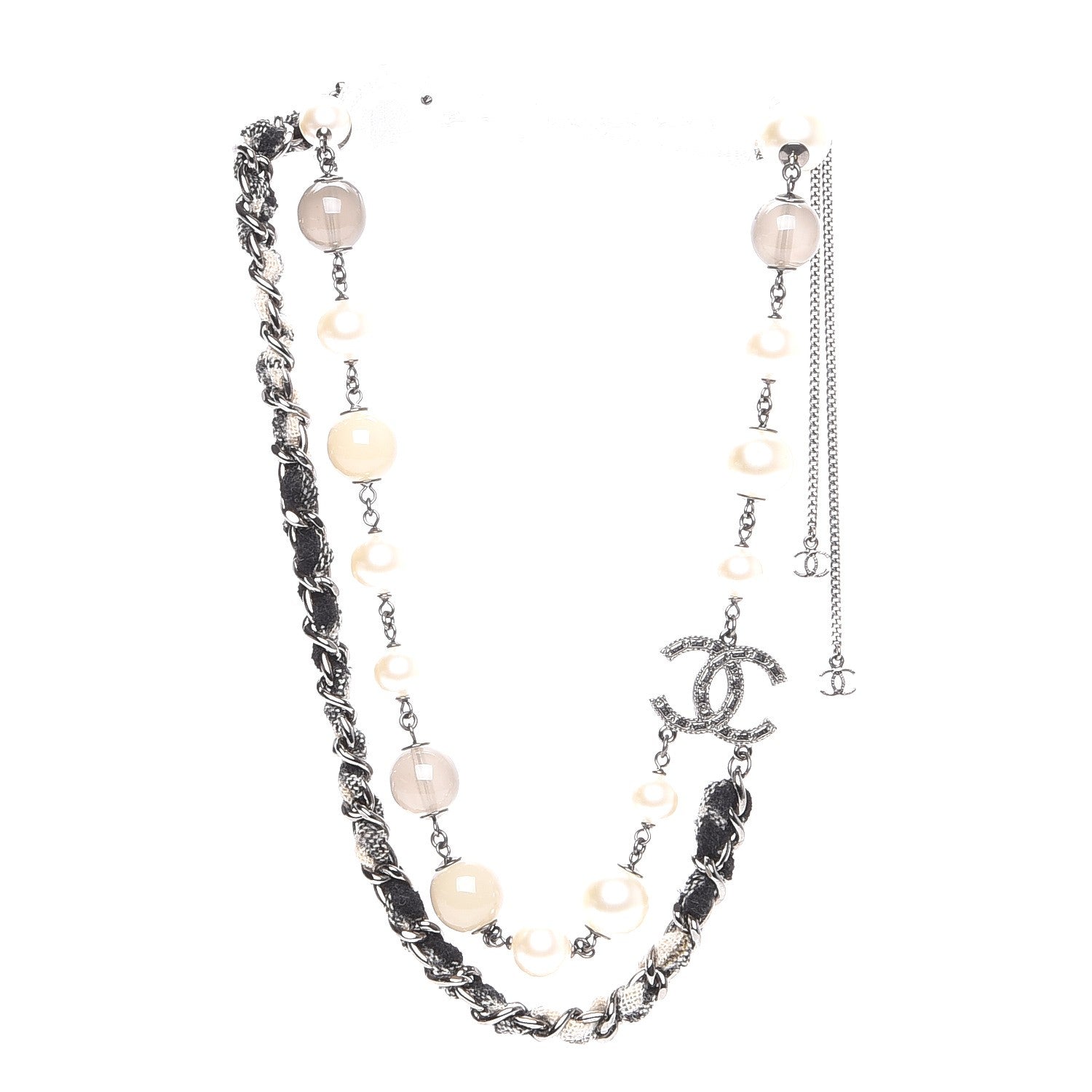 Chanel Pearl Glass Bead Chain CC Necklace Silver 1 of 6