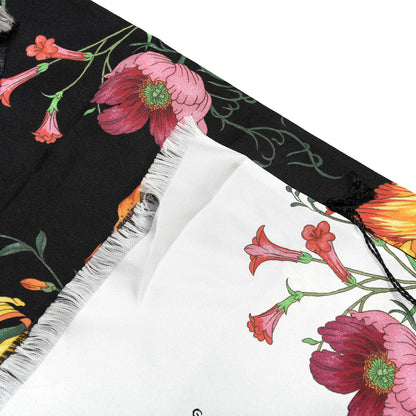 Gucci Silk Flora Fringe Scarf White Black 5 of 5