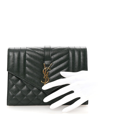 Saint Laurent Grain De Poudre Textured Mixed Matelasse Triquilt Monogram Clutch Vert Fonce 2 of 8