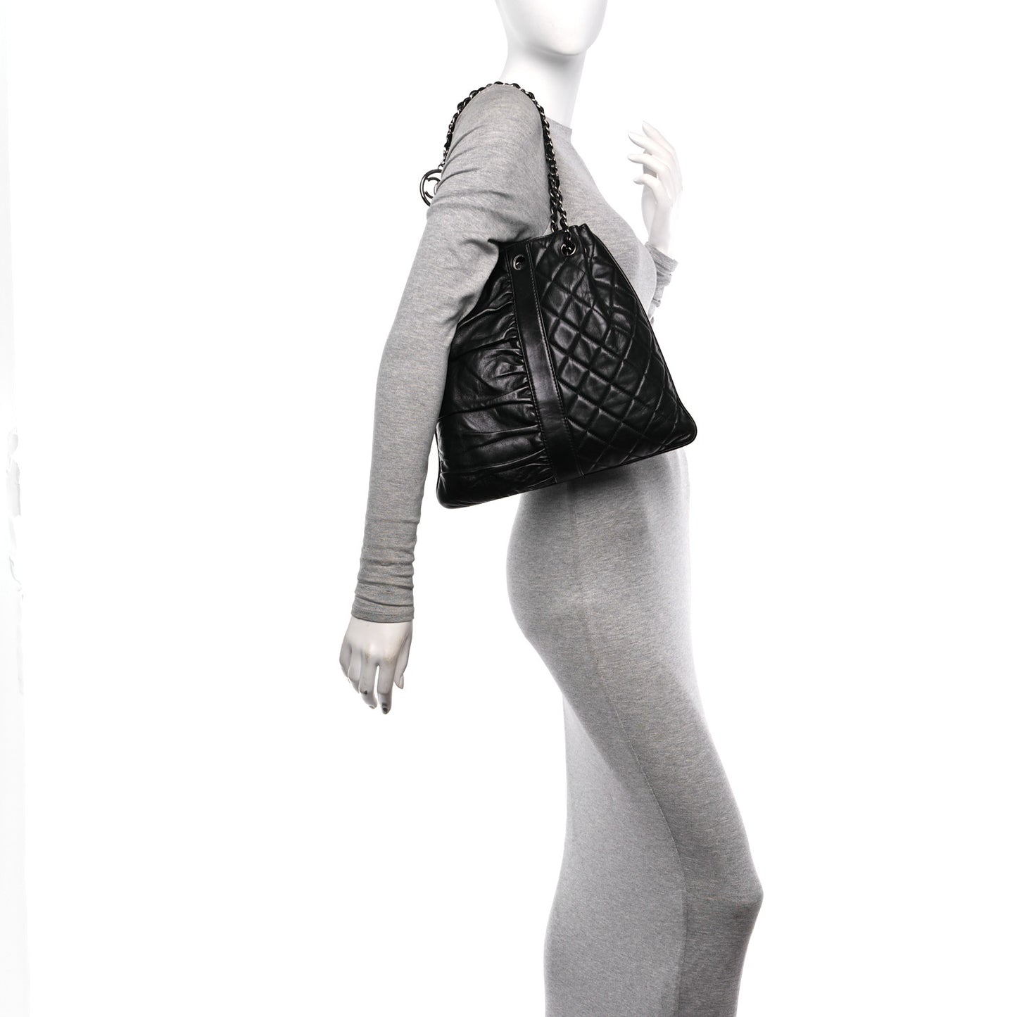Lambskin Quilted Pile Ou Face Drawstring Bag Black