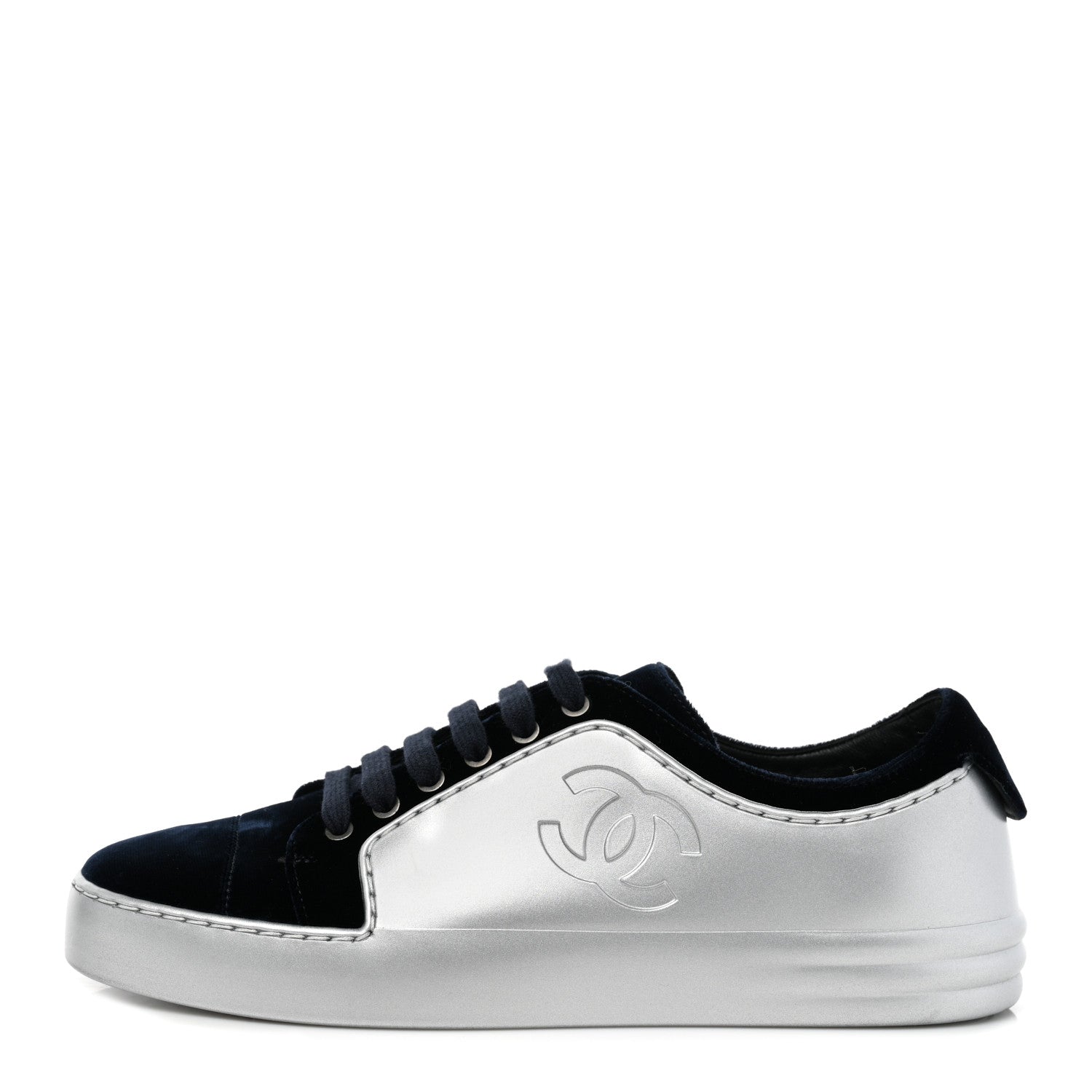 Chanel Calfskin Velvet Womens CC Sneakers 37 Navy 1 of 8