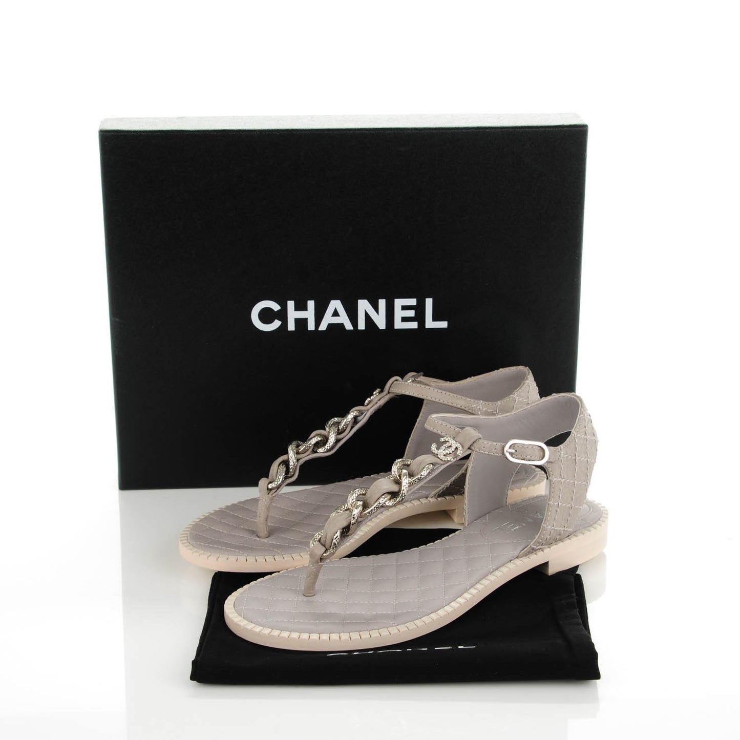Calfskin CC Chain Thong Sandals 36 Grey
