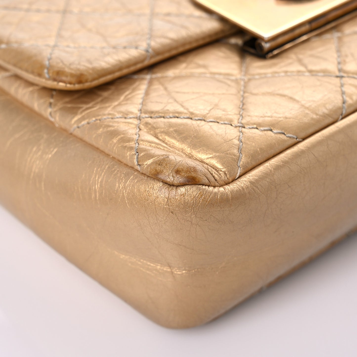 Metallic Aged Calfskin Quilted CC Square Flap Light Gold