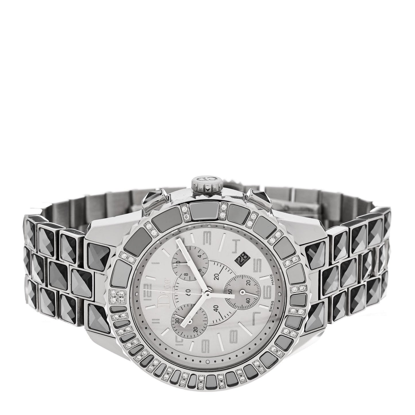Stainless Steel Diamond Sapphire 38mm Christal Chronograph Quartz Watch Grey