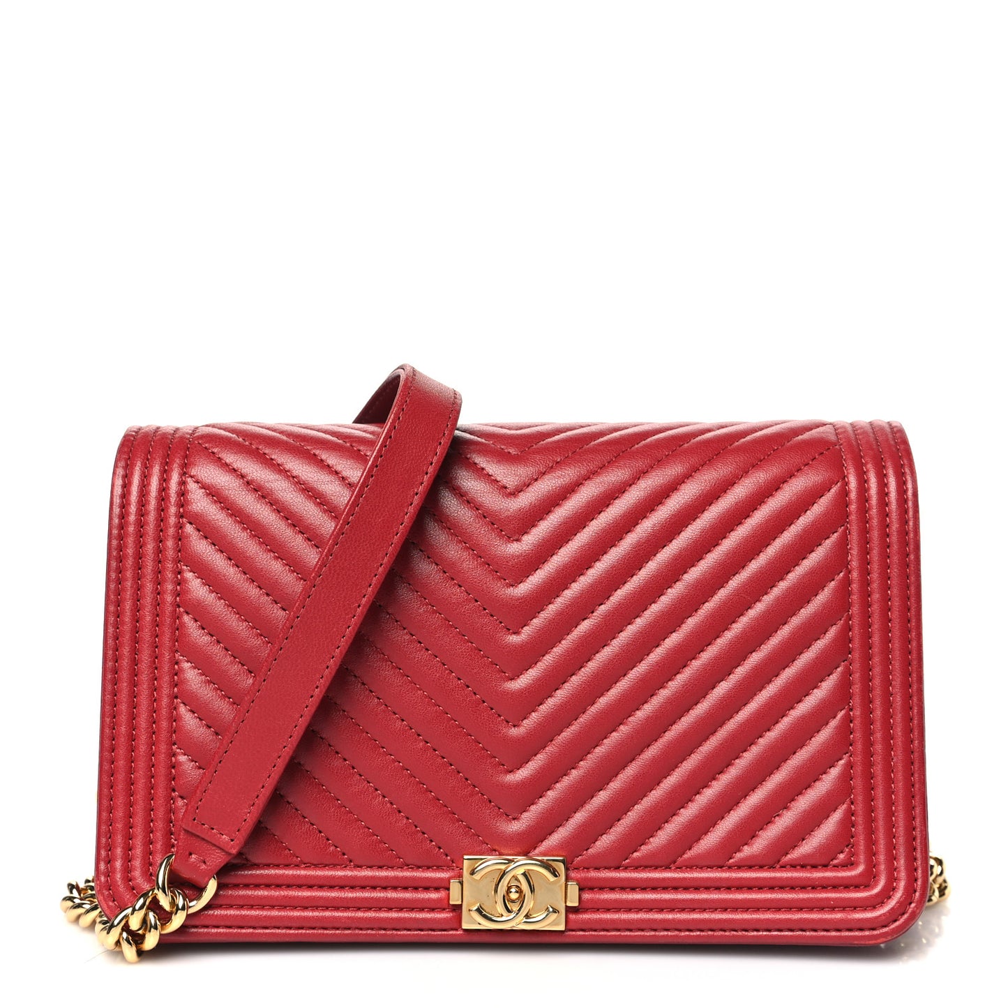 Lambskin Chevron Quilted Boy Wallet On Chain WOC Red