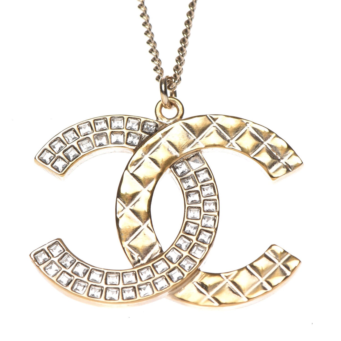 Baguette Crystal Quilted CC Pendant Necklace Gold