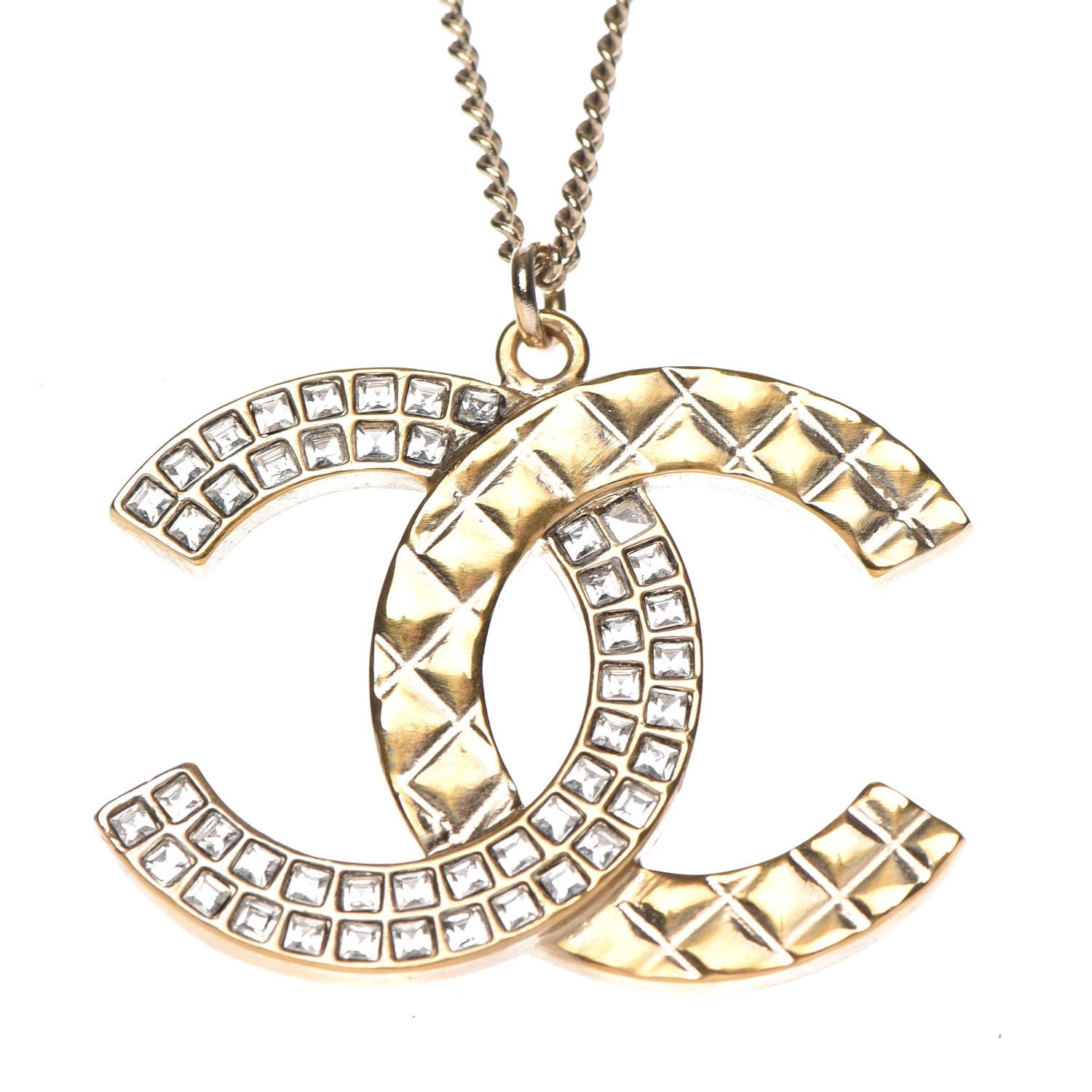 Chanel Baguette Crystal Quilted CC Pendant Necklace Gold 4 of 6