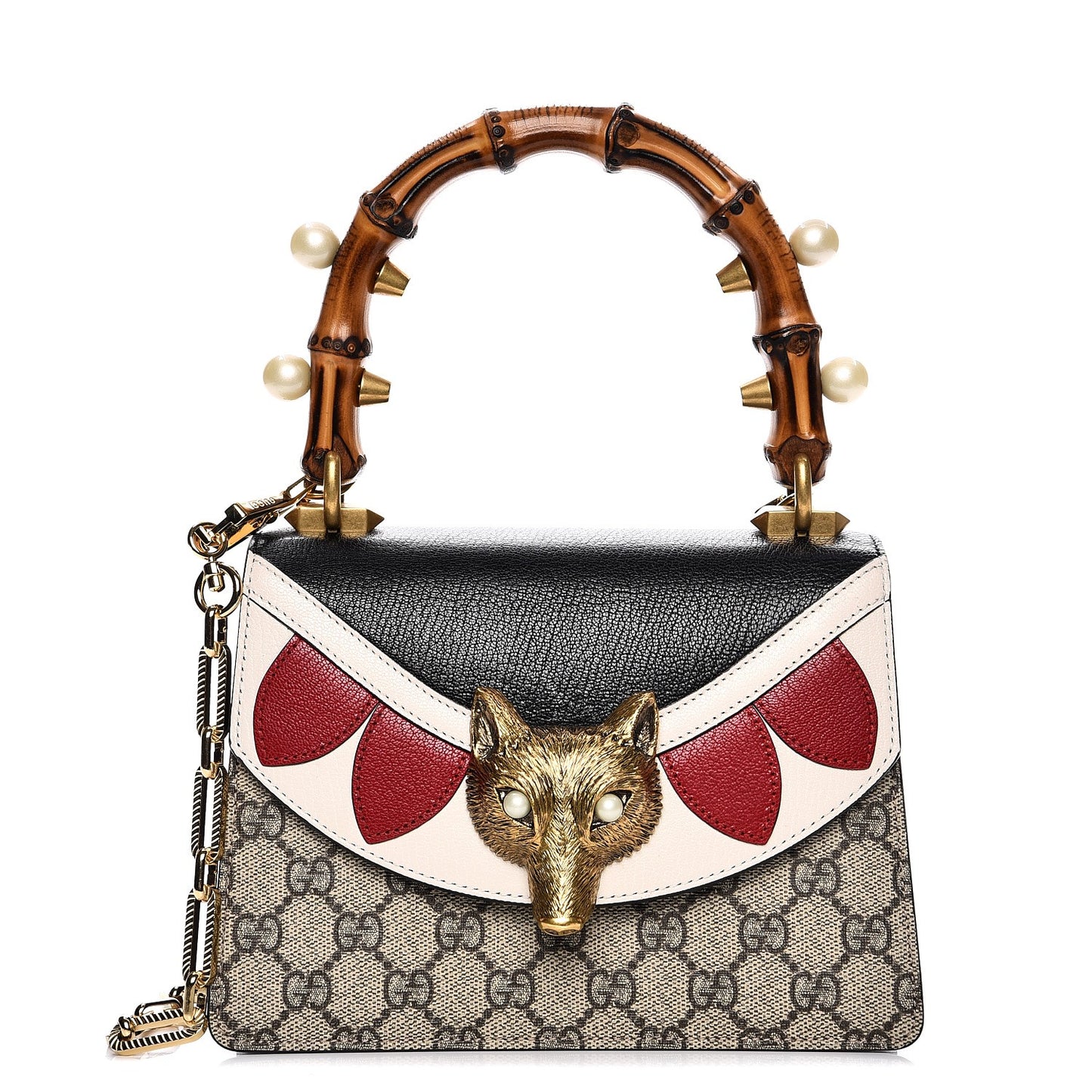 GG Supreme Monogram Goatskin Pearl Mini Fox Broche Bamboo Top Handle Bag Beige Ebony Black Hibiscus Red Mystic White