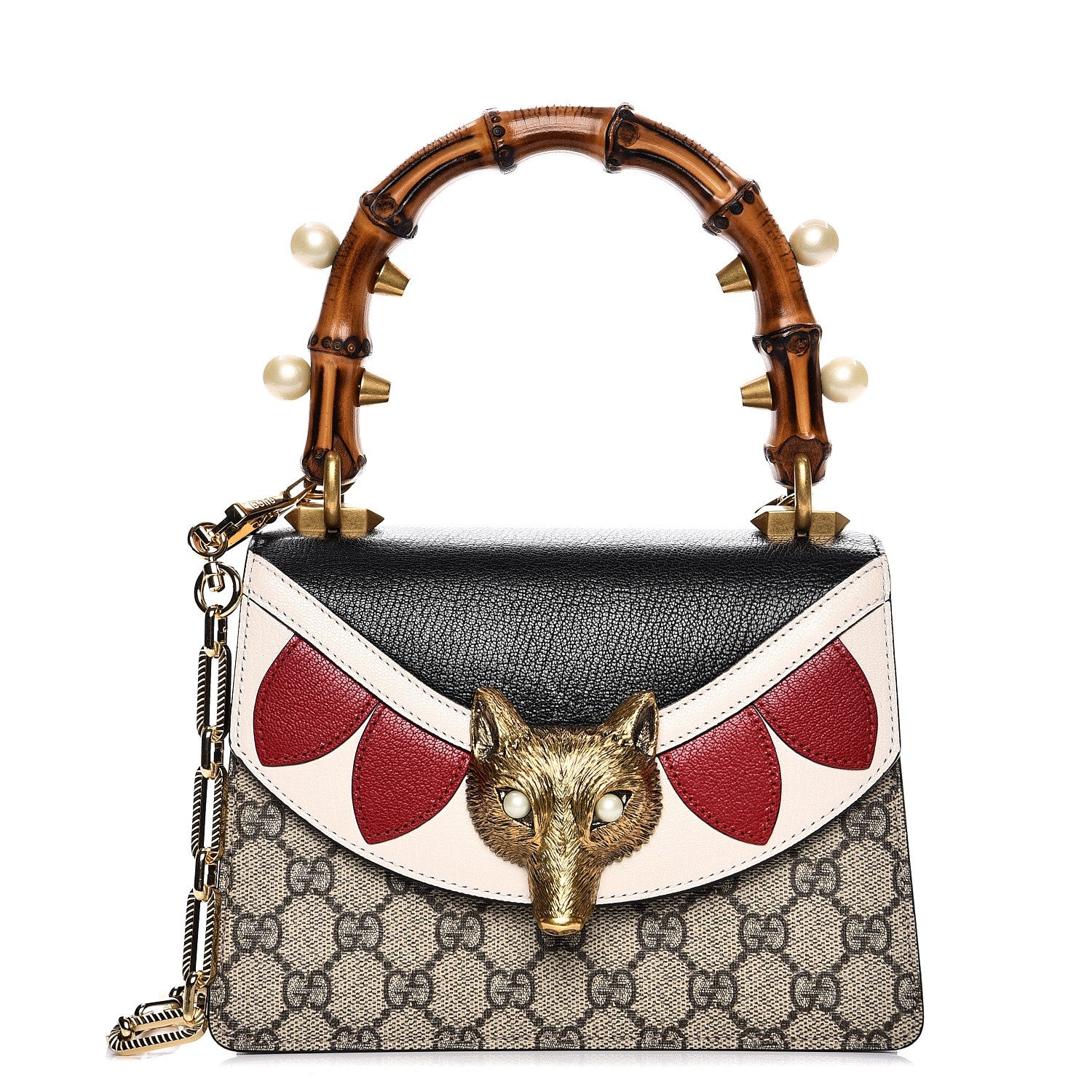 Gucci GG Supreme Monogram Goatskin Pearl Mini Fox Broche Bamboo Top Handle Bag Beige Ebony Black Hibiscus Red Mystic White 2 of 14