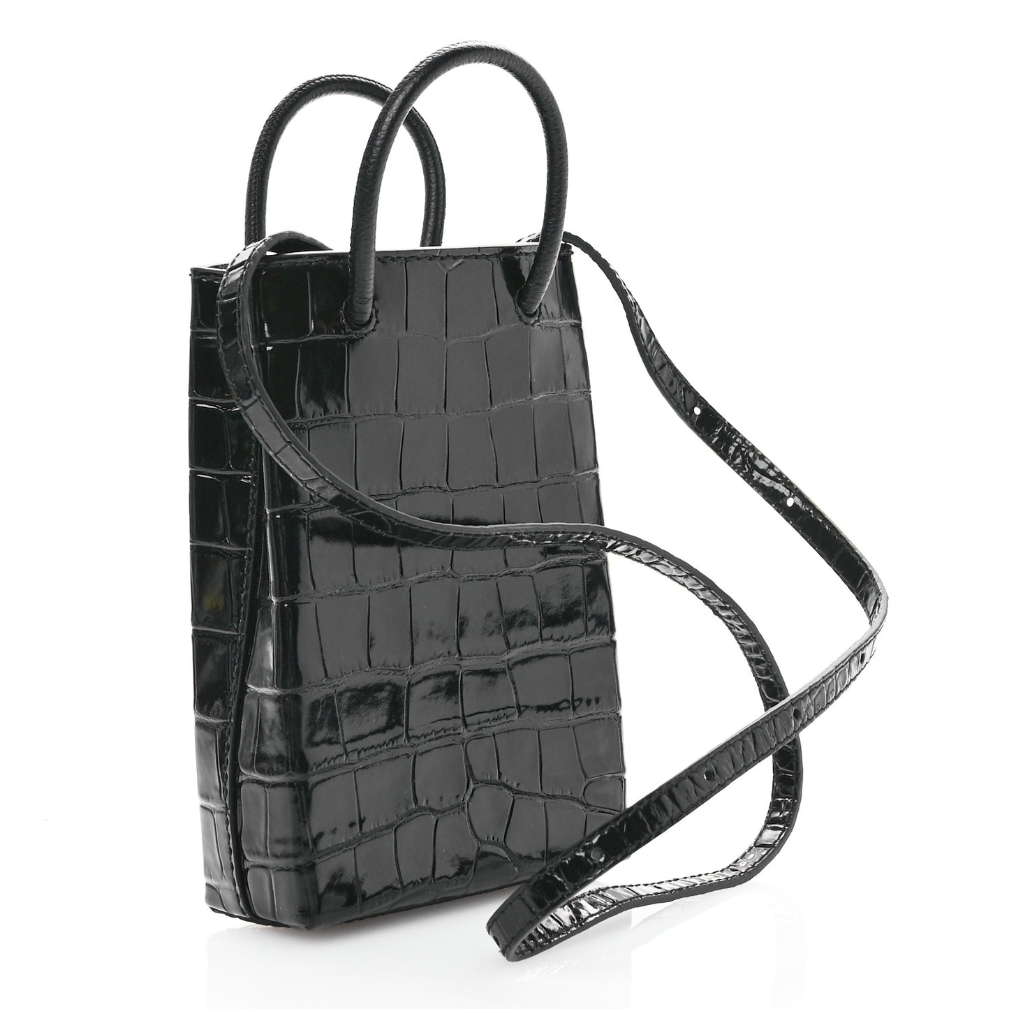 Calfskin Crocodile Embossed Logo Shopping Phone Holder Bag Black