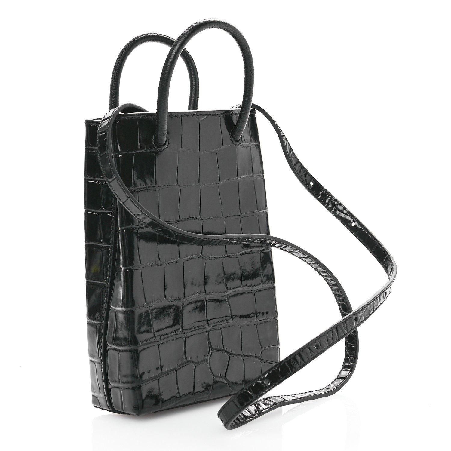 Balenciaga Calfskin Crocodile Embossed Logo Shopping Phone Holder Bag Black 3 of 10