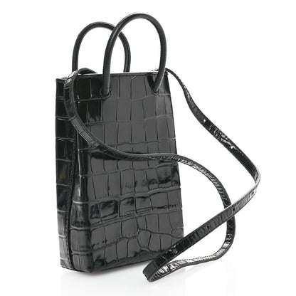 Balenciaga Calfskin Crocodile Embossed Logo Shopping Phone Holder Bag Black 3 of 10