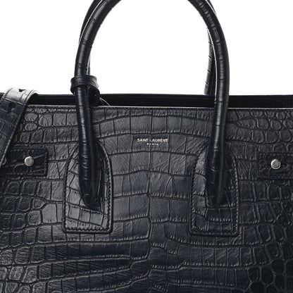 Saint Laurent Calfskin Crocodile Embossed Small Supple Sac de Jour Navy 7 of 9