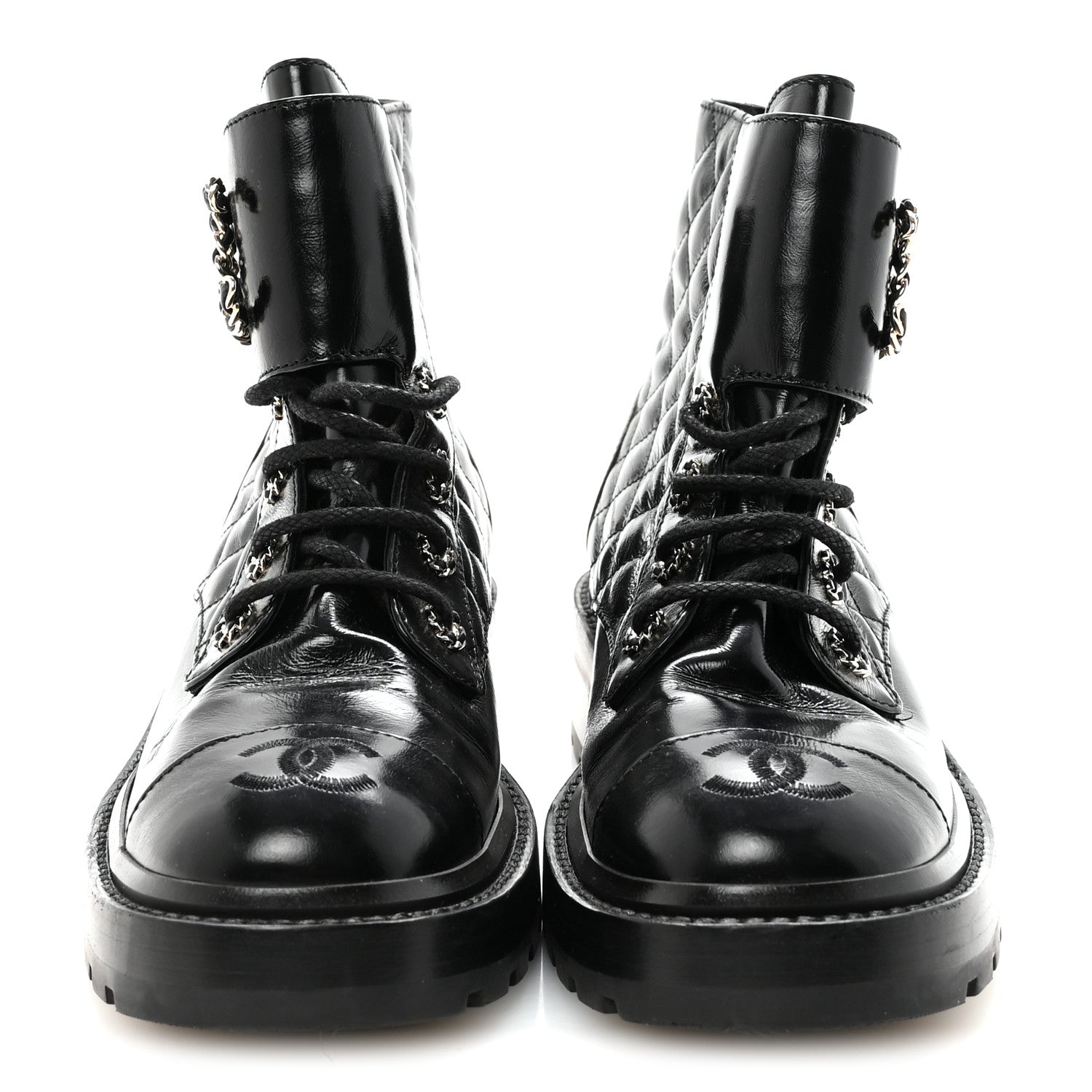 Chanel Shiny Calfskin Quilted Lace Up Combat Boots 37.5 Black 6 of 20