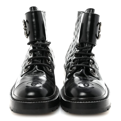 Chanel Shiny Calfskin Quilted Lace Up Combat Boots 37.5 Black 6 of 20
