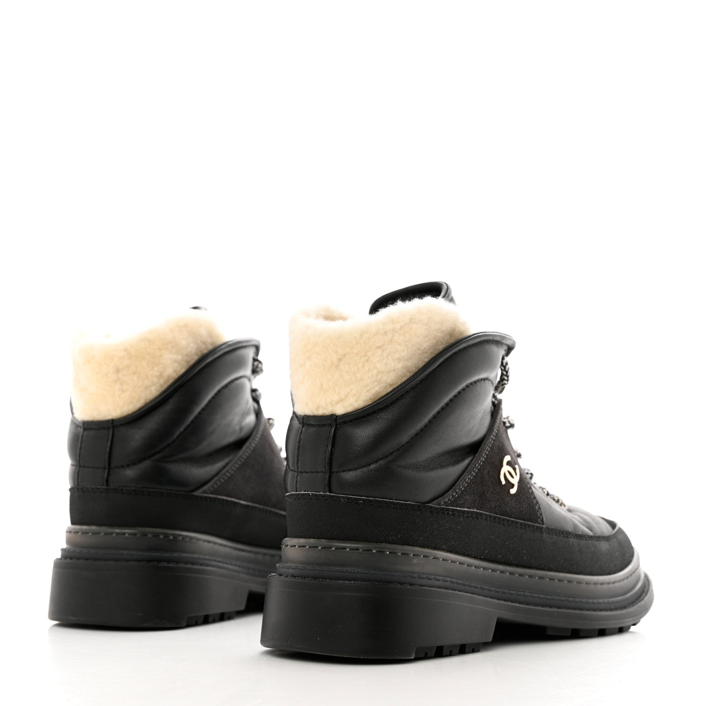 Lambskin Shearling Suede CC High Lace Up Boots 38 Black