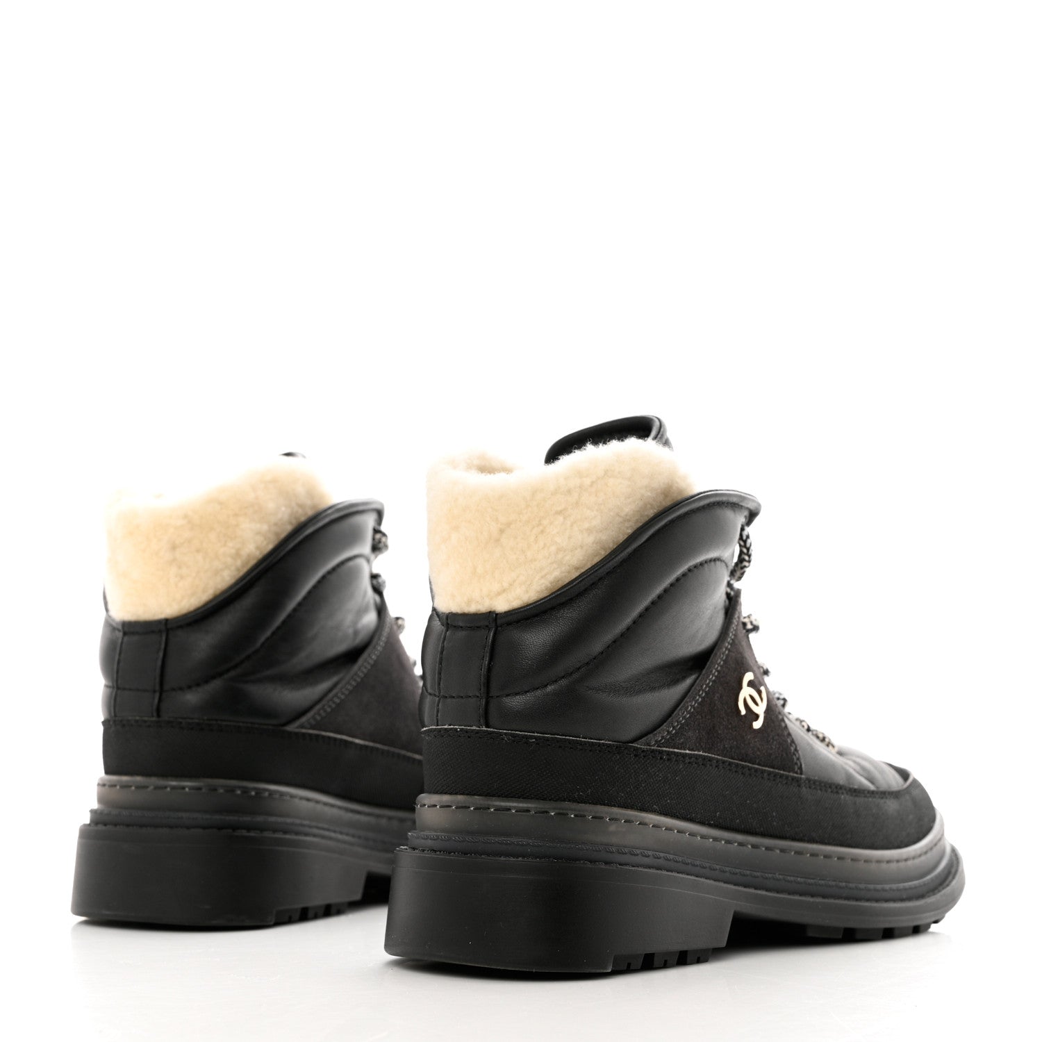 Chanel Lambskin Shearling Suede CC High Lace Up Boots 38 Black 8 of 27