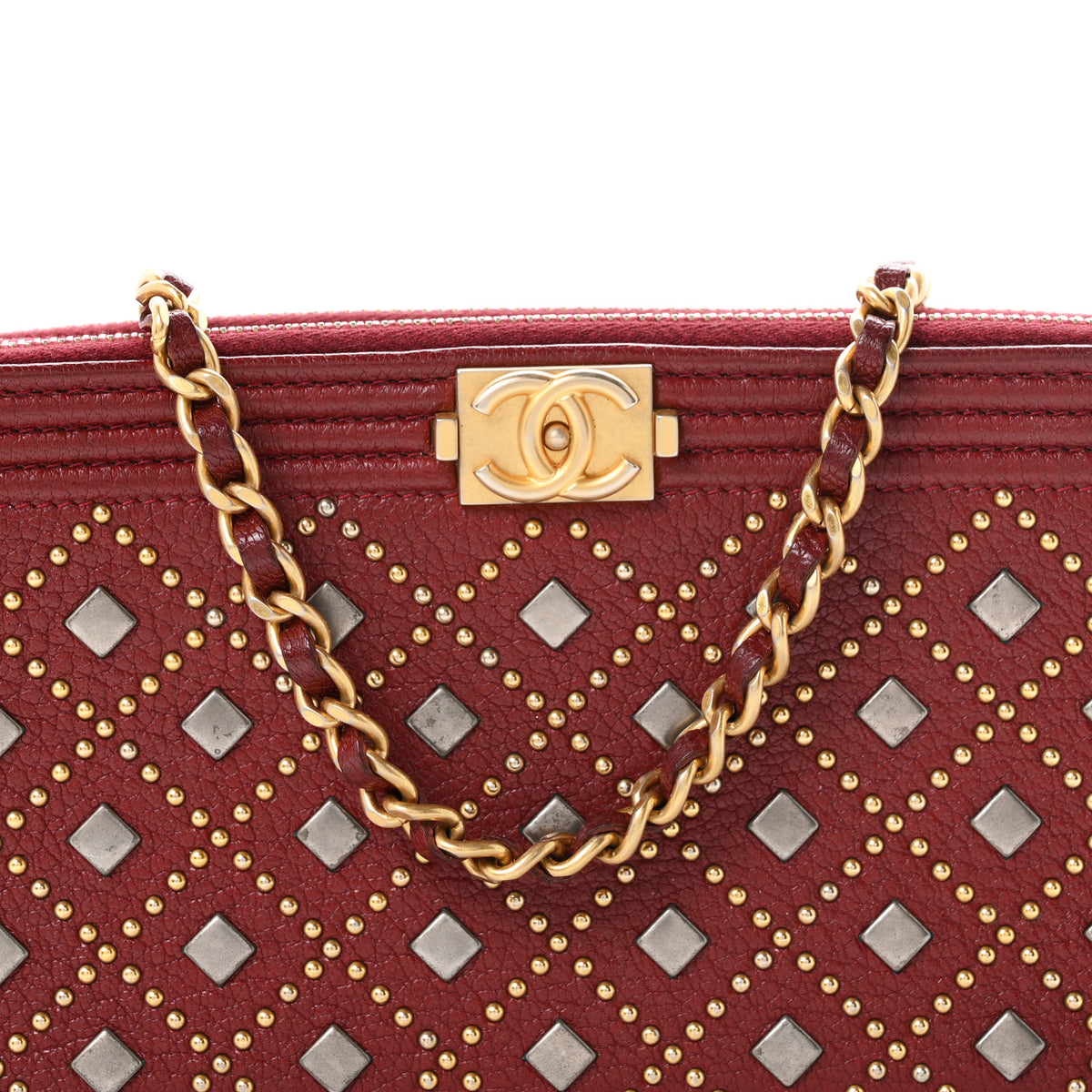 Chanel Grained Calfskin Studded Small Boy Clutch With Chain Dark Red 9 of 12