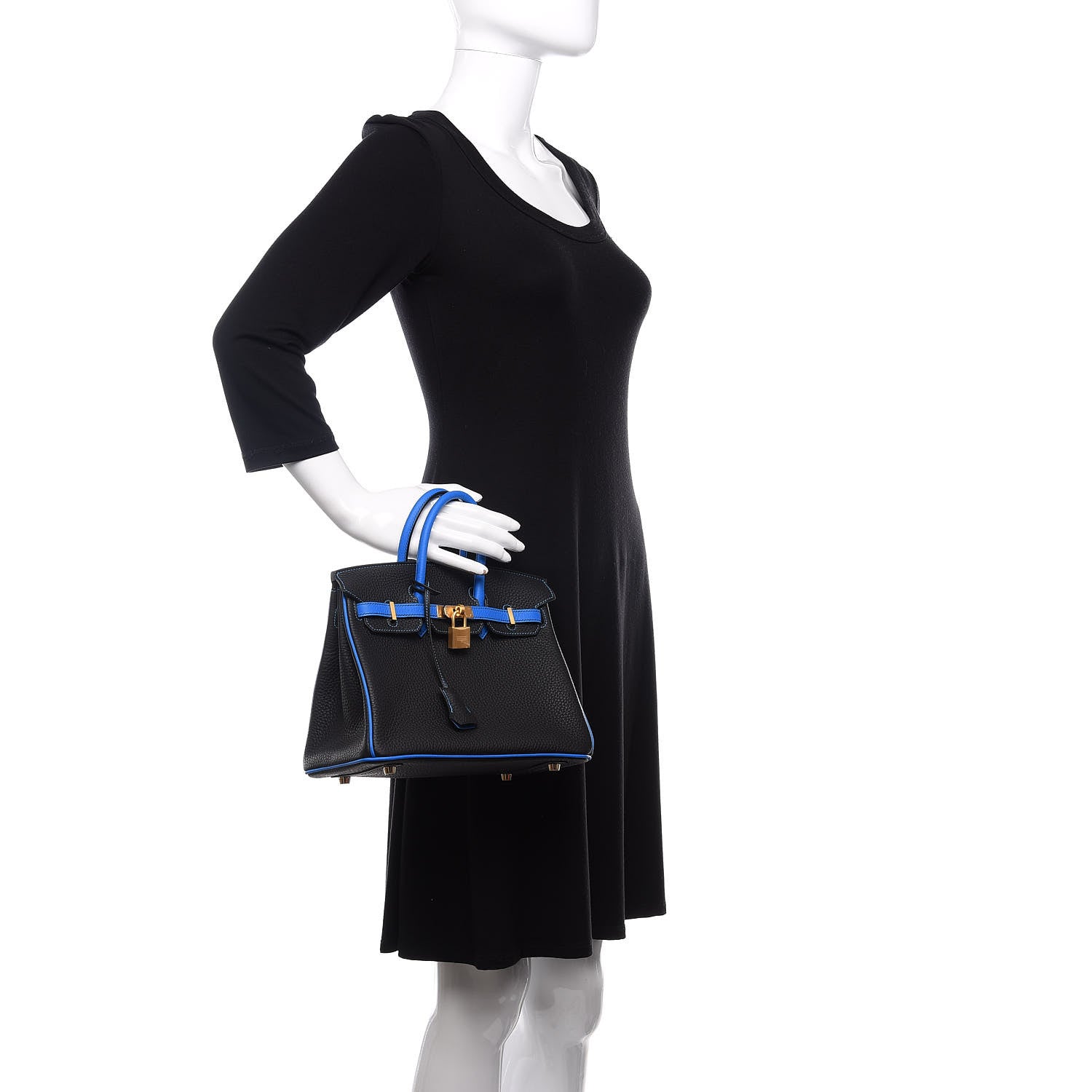 Hermes Taurillon Clemence Horseshoe Birkin 25 Black Bleu Hydra 2 of 10