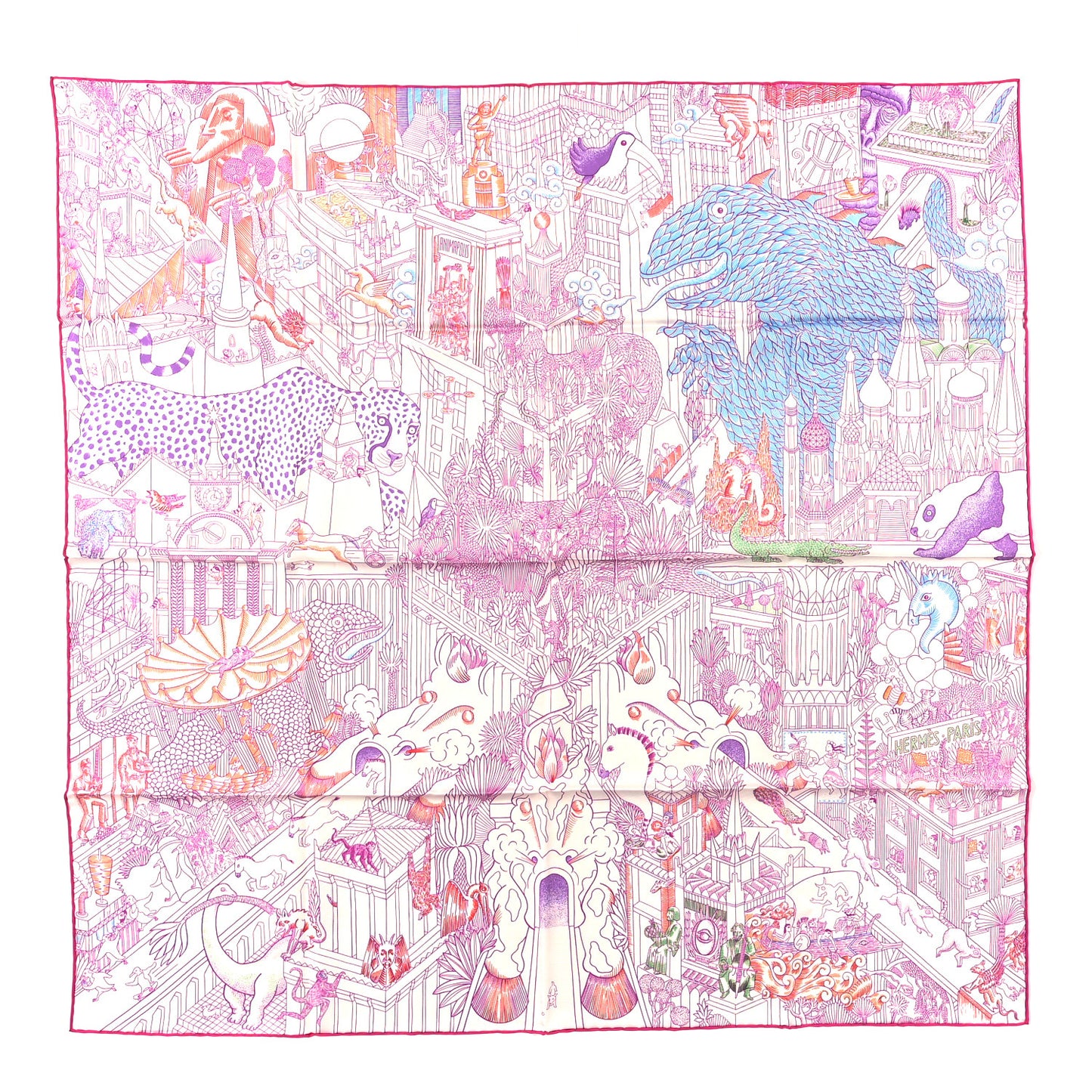 Silk Animapolis Scarf 90 White Fuchsia Multicolor