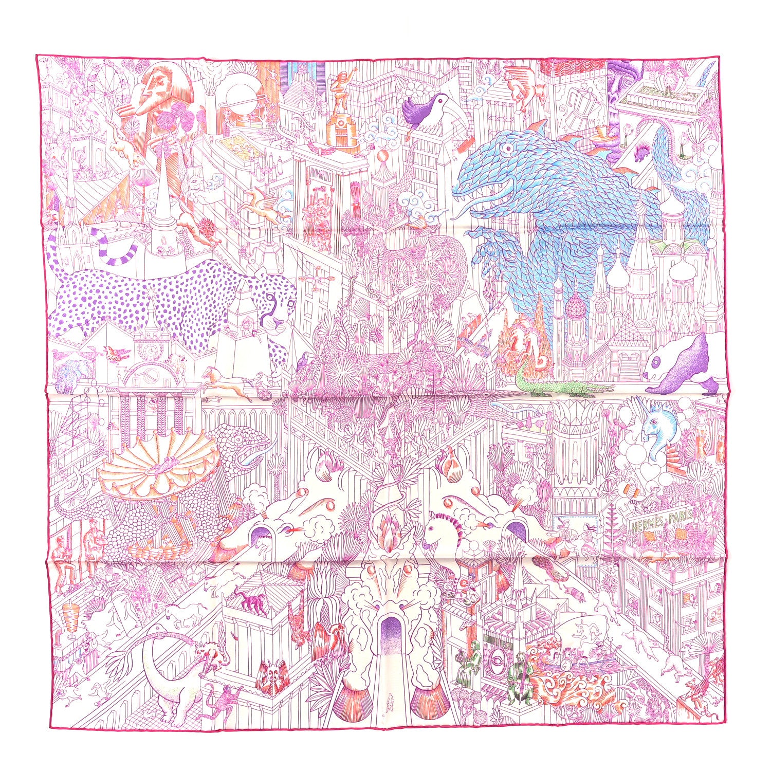 Hermes Silk Animapolis Scarf 90 White Fuchsia Multicolor 1 of 3