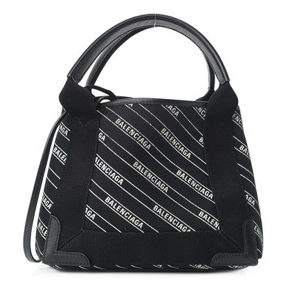 Balenciaga Cotton Canvas Calfskin Logo Print Navy Cabas XS Black White 3 of 10
