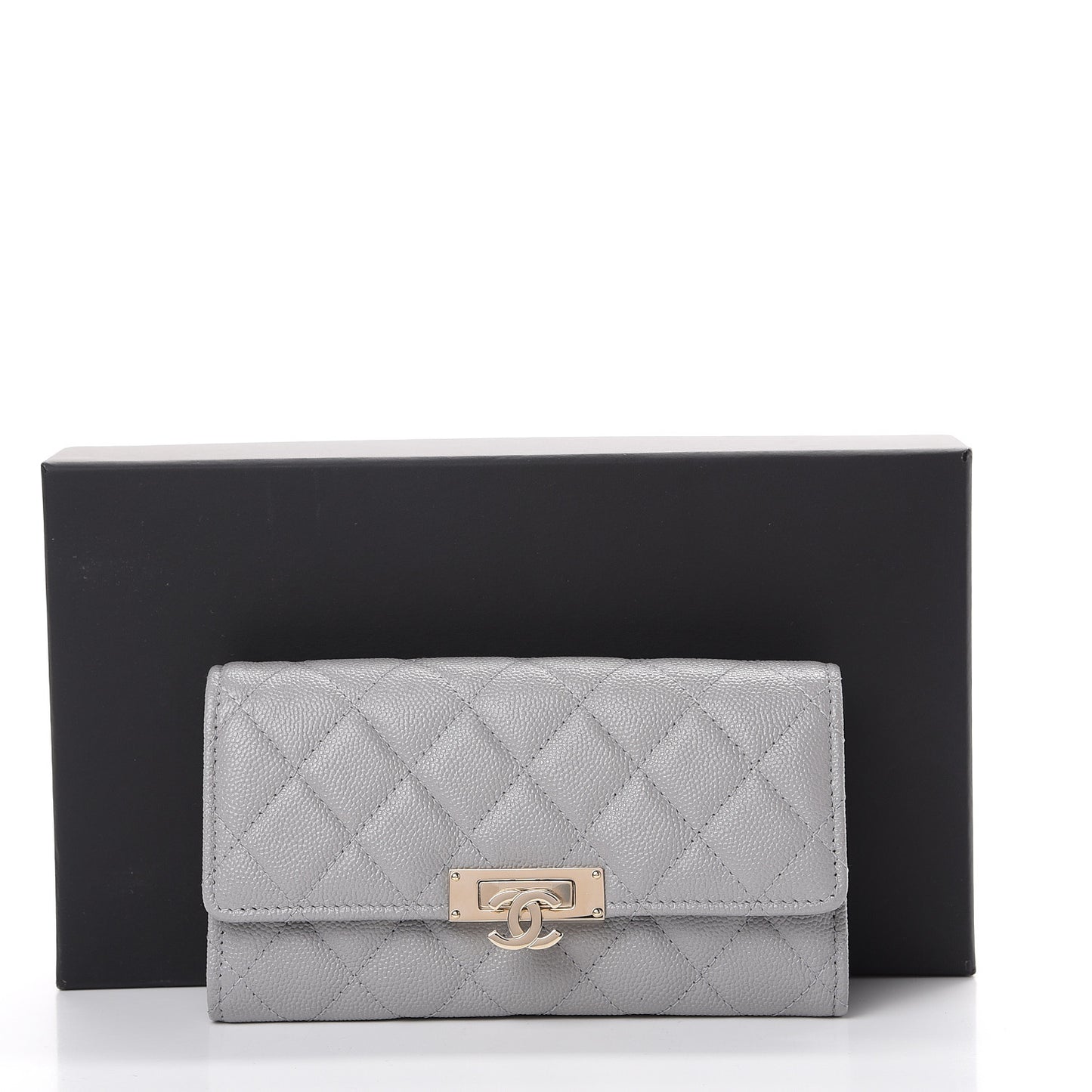 Caviar Quilted Large Golden Class Gusset Flap Wallet Grey