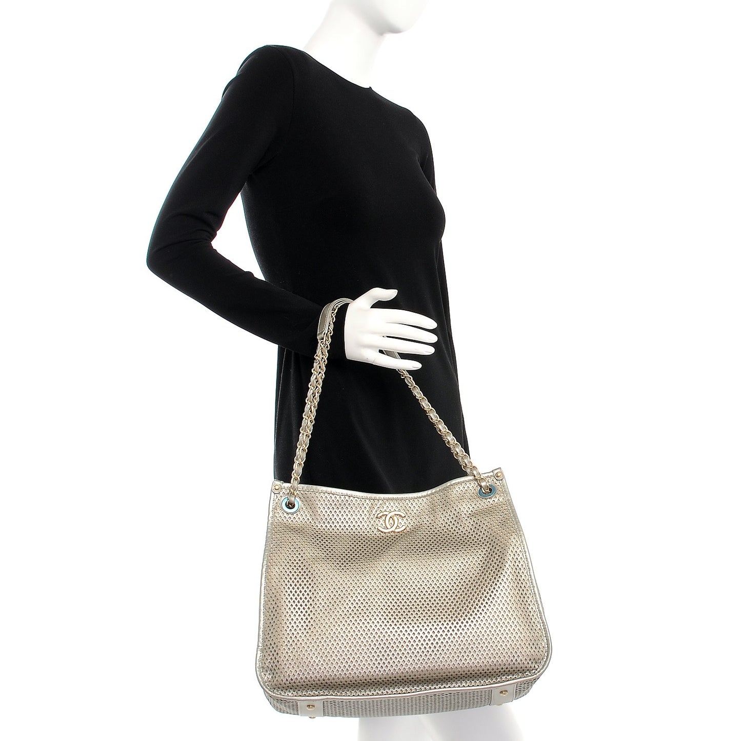 Metallic Calfskin Perforated Up In The Air Tote Silver