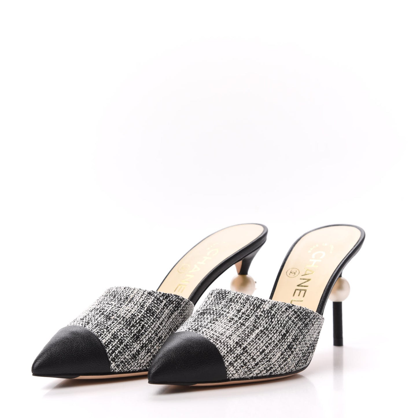 Tweed Goatskin Pearl Mules 35 Black White