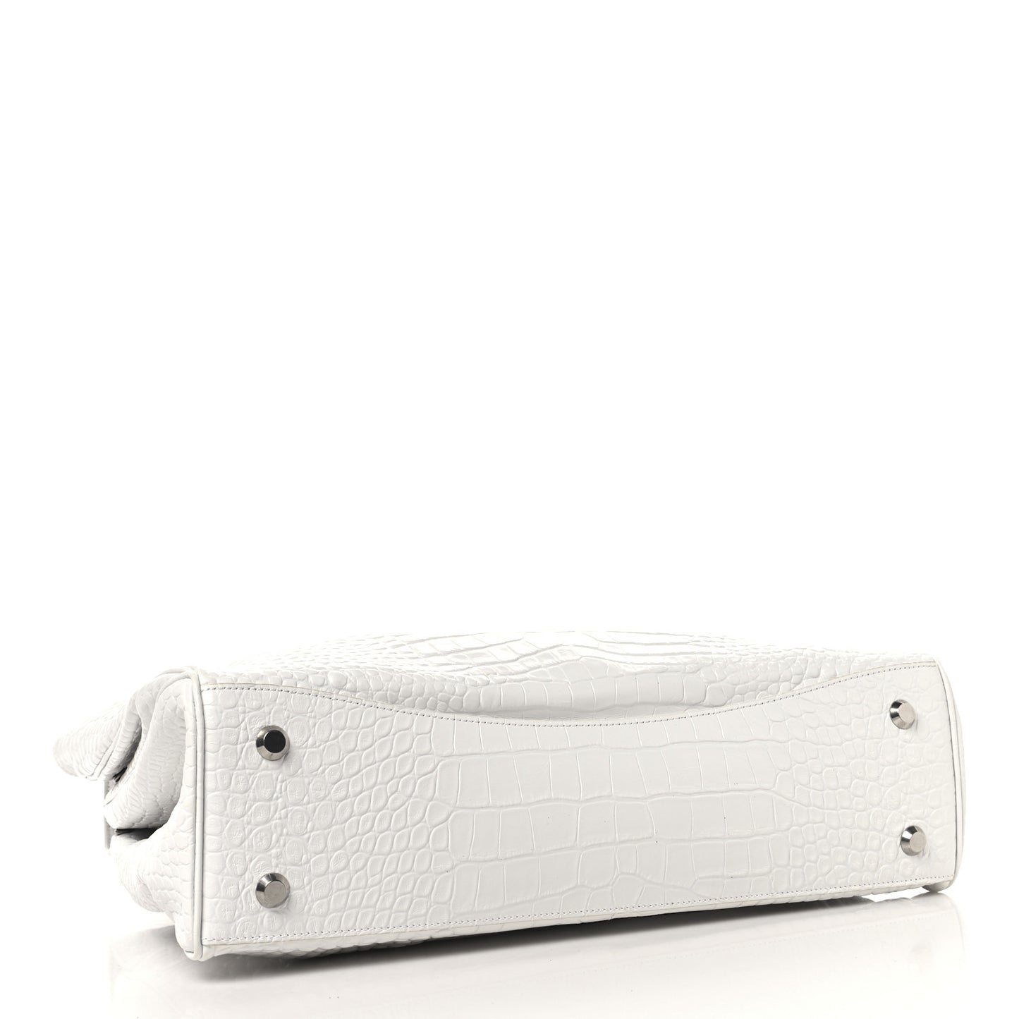 Shiny Calfskin Crocodile Embossed Large Rodeo Top Handle Handbag White