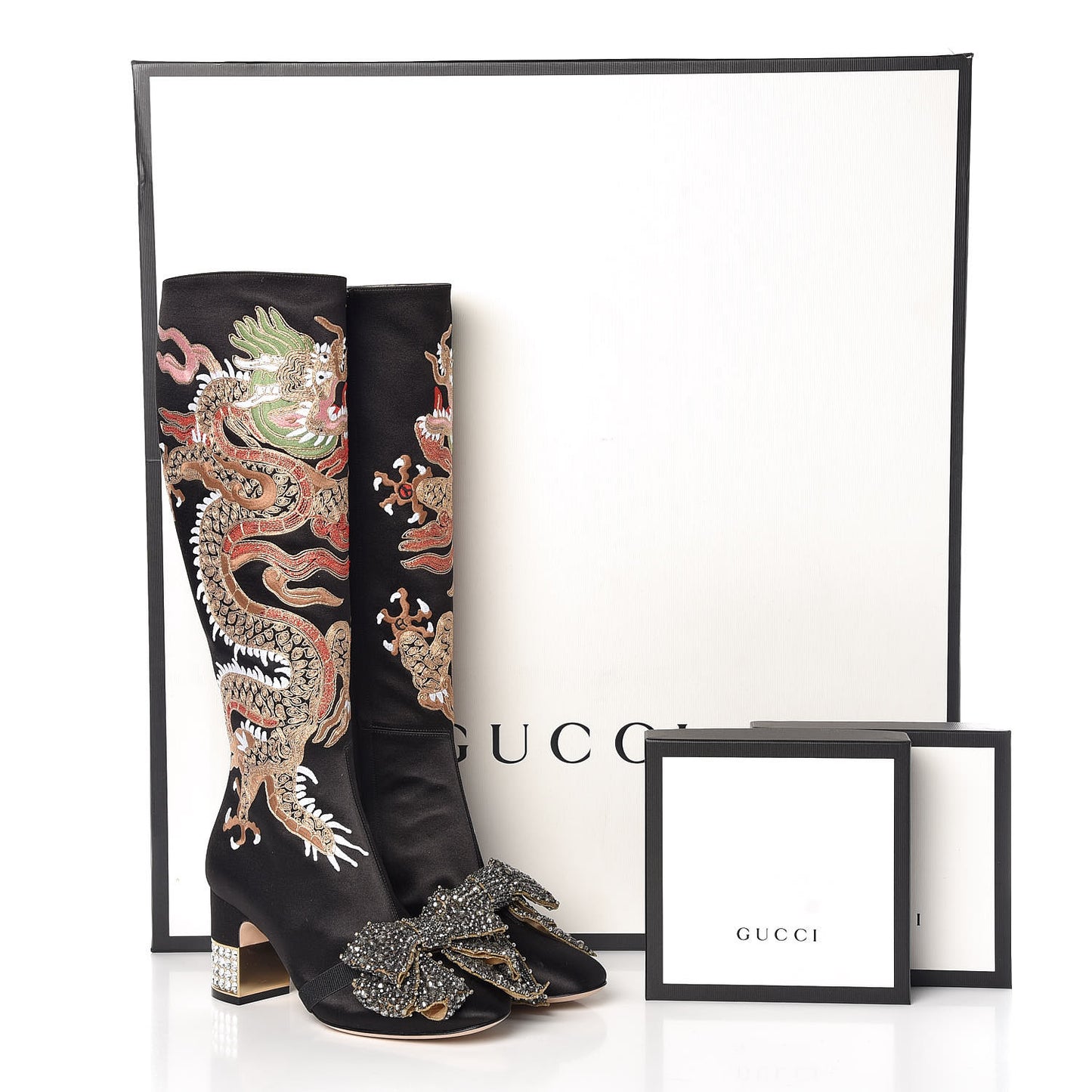 Silk Satin Malaga Kid Embroidered Candy Dragon Block-Heel Knee Boot 36 Black