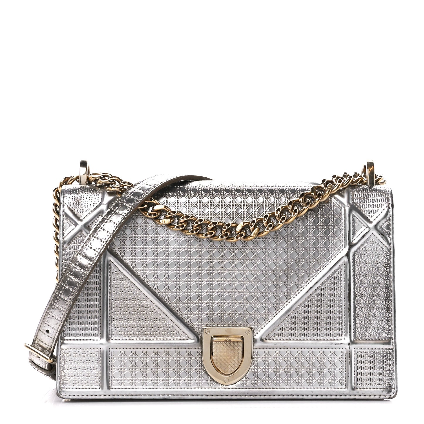 Metallic Patent Micro-Cannage Medium Diorama Flap Bag Silver