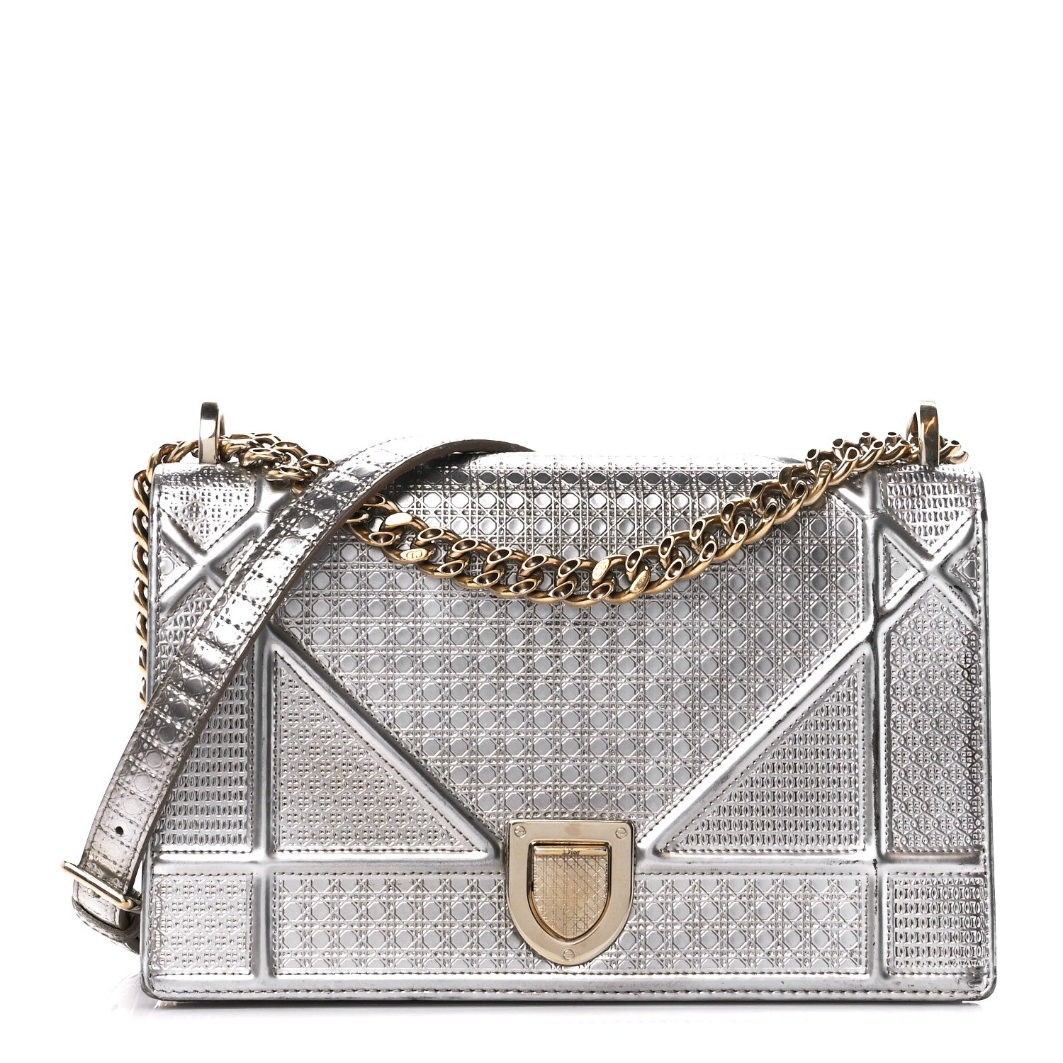 Christian Dior Metallic Patent Micro-Cannage Medium Diorama Flap Bag Silver 1 of 14