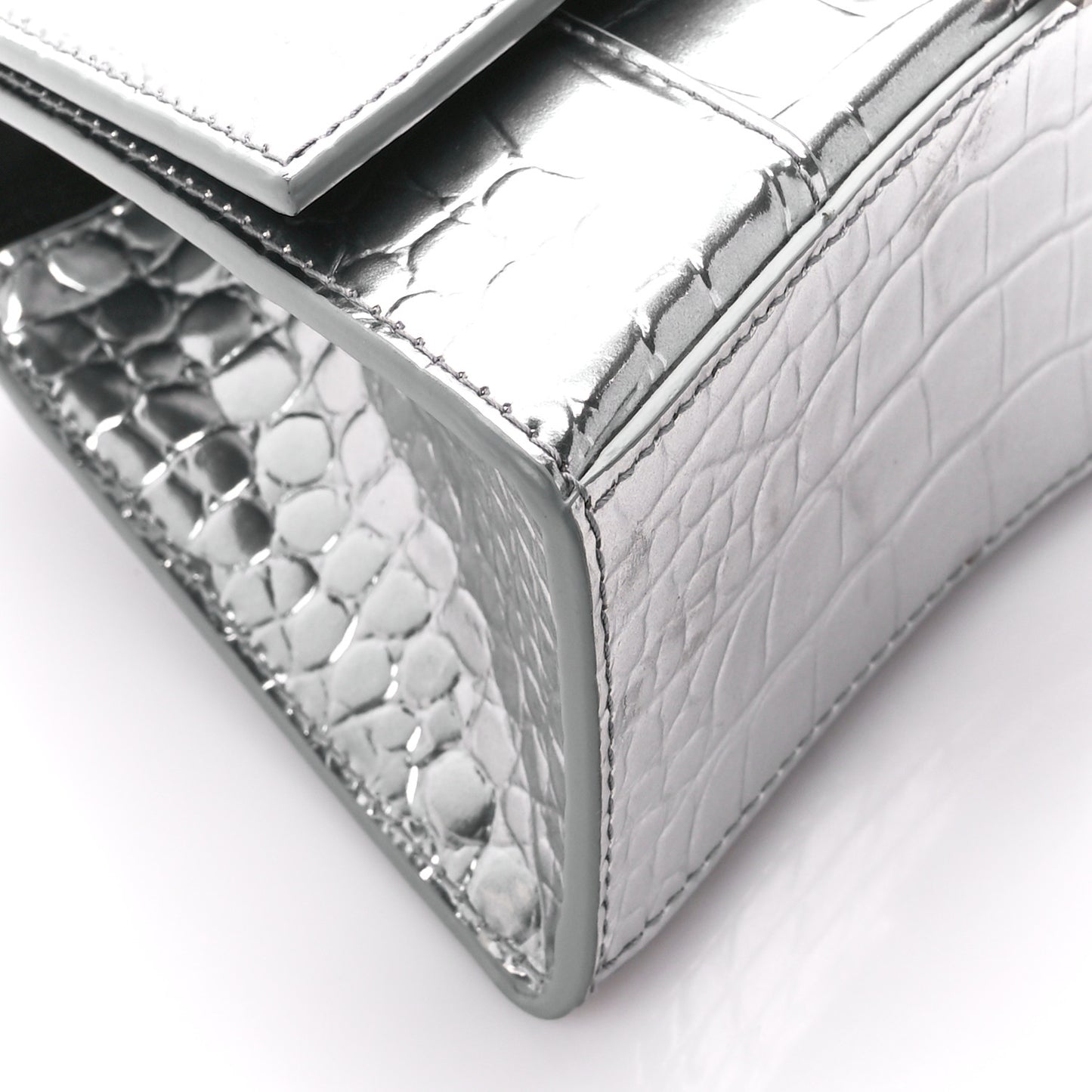 Metallic Shiny Calfskin Crocodile Embossed Hourglass Top Handle Bag XS Aluminum