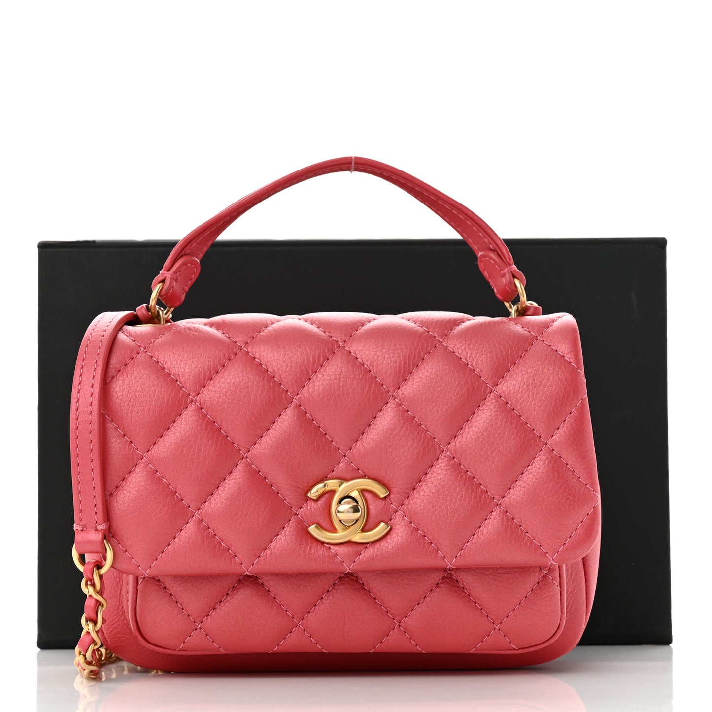 Metallic Calfskin Quilted Top Handle Flap Dark Pink