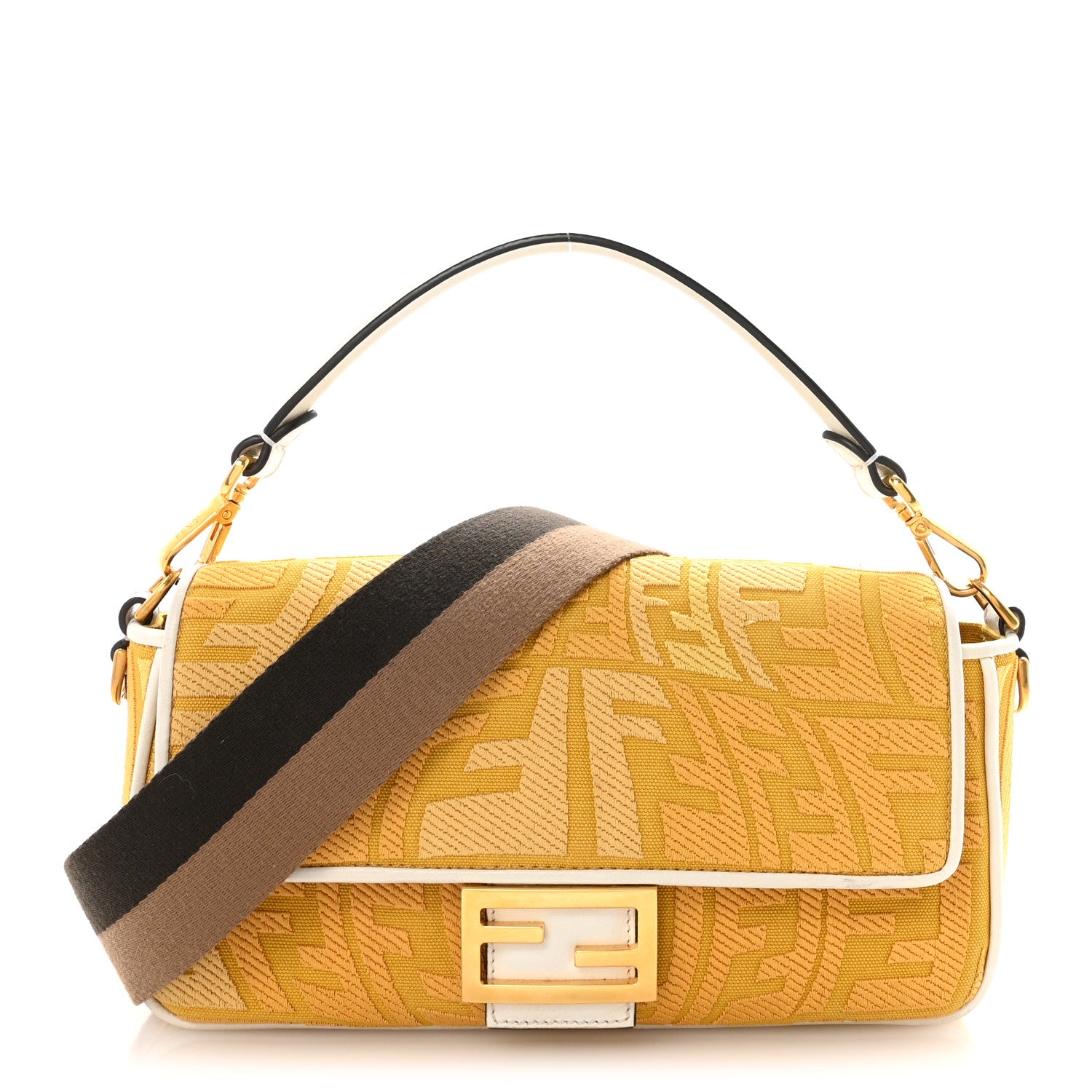 Fendi X SARA COLEMAN Canvas Vitello King Seta FF Fish Eye Embroidered Baguette Mostarda White Ice 1 of 9