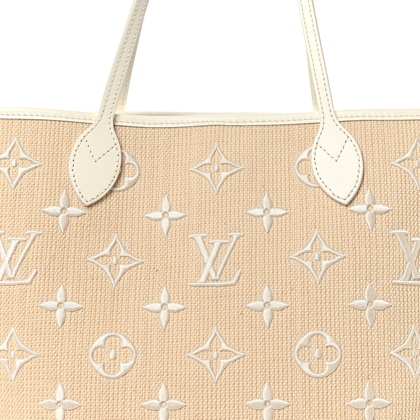 Cotton Monogram Embroidered Neverfull MM Beige White