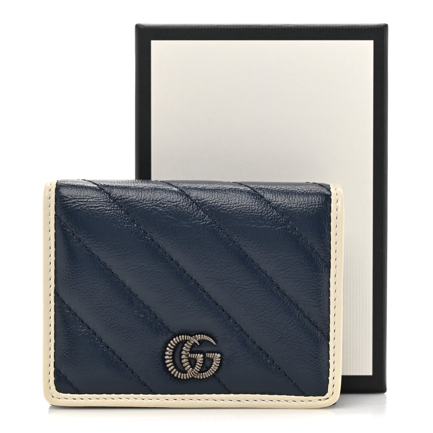 Vintage Effect Calfskin Matelasse Diagonal Torchon GG Marmont Card Case Wallet Blue Agata Mystic White