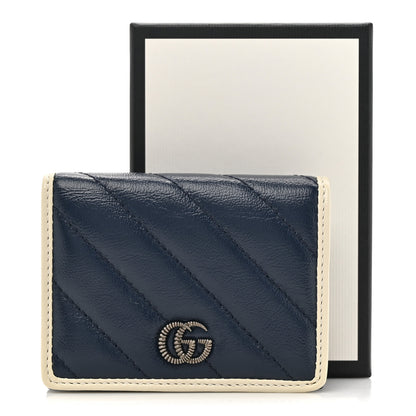 Gucci Vintage Effect Calfskin Matelasse Diagonal Torchon GG Marmont Card Case Wallet Blue Agata Mystic White 9 of 9