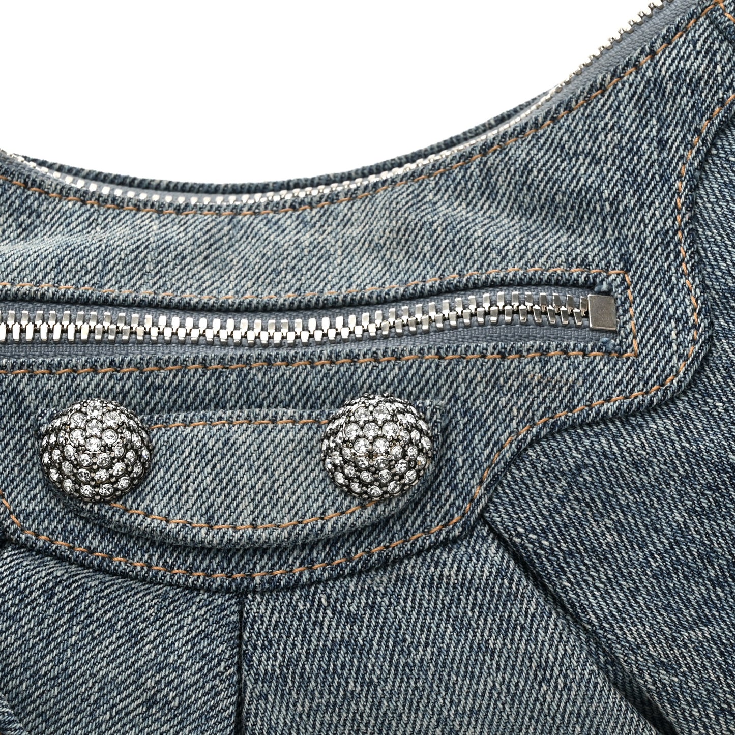 Washed Frayed Denim Crystal Small Le Cagole Shoulder Bag Blue