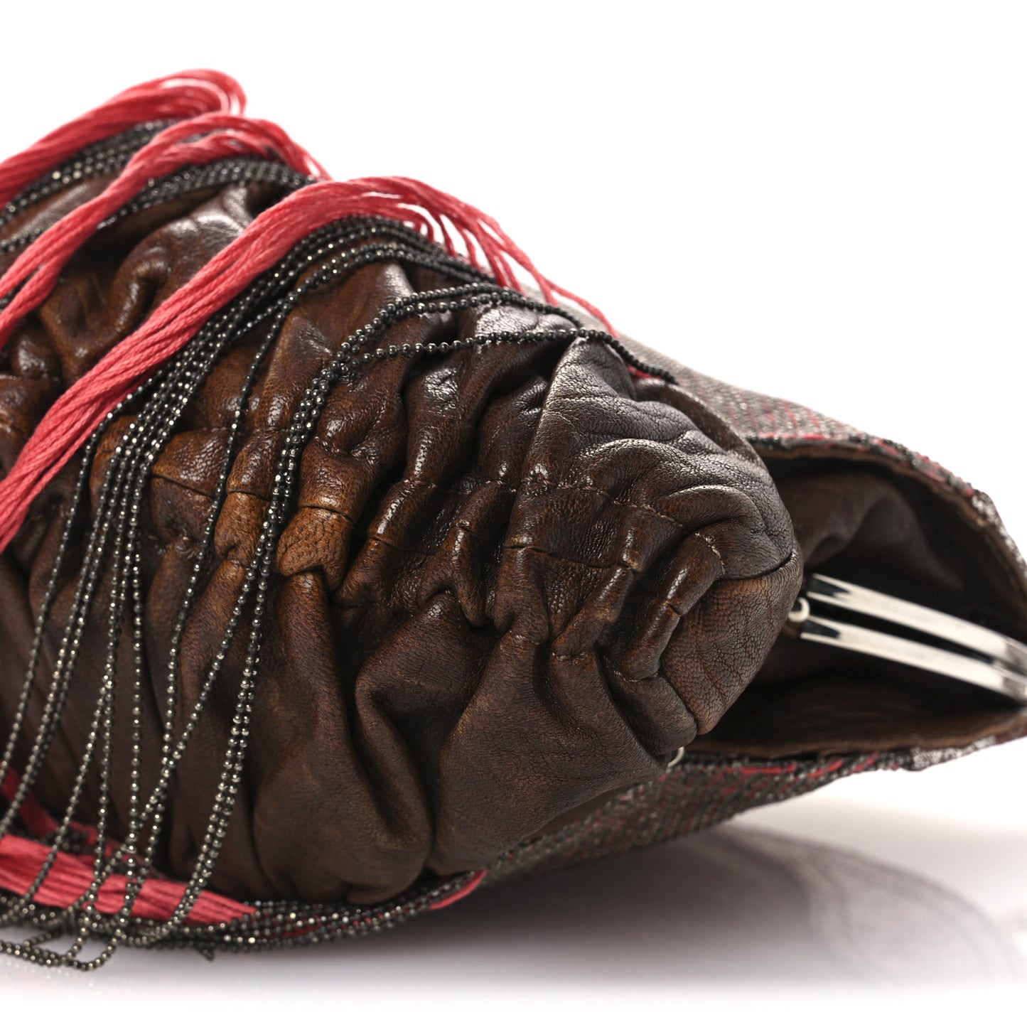 Nappa Nuvolata Beaded Fringe Spy Clutch Brown Red